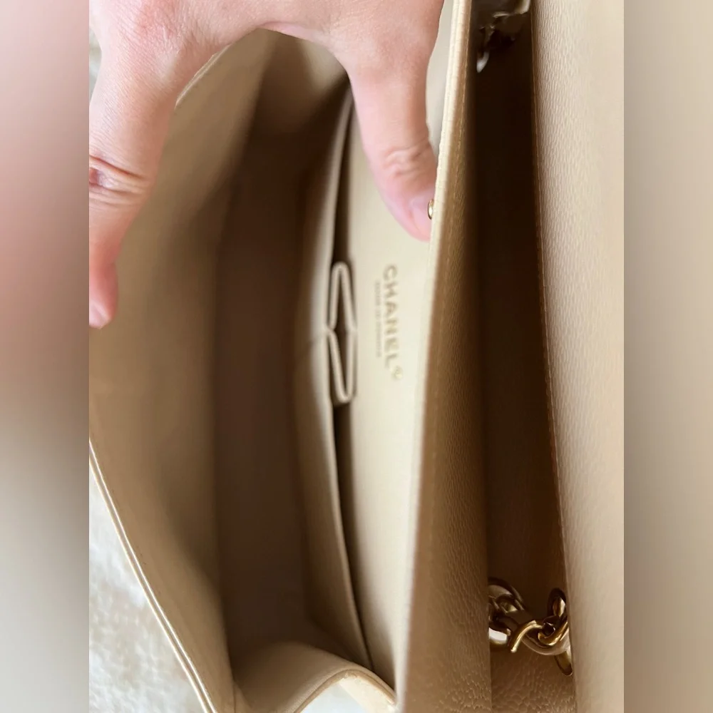 CHANEL Caviar Quilted Medium Double Flap Beige with golden hardware